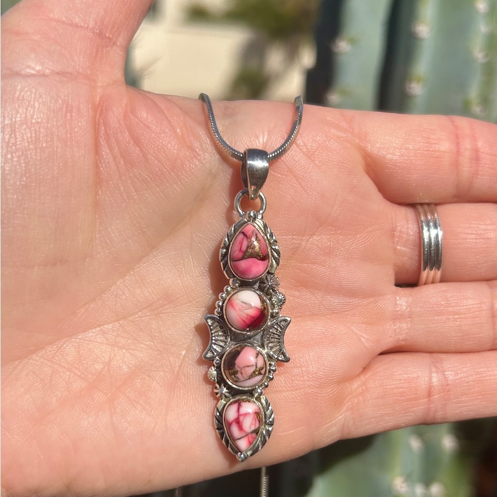 Rose Dahlia Solid Sterling Silver 4 Stone Handmade Southwest Dangle Pendant